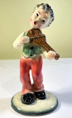 Vintage Signed Ceramic Figurine of a Boy Playing Violin