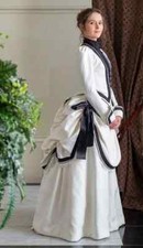 Victorian Bustle Dress White Black Trim Historical Reenactment Theatre Costume