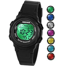 SOCICO Kids Digital Watches for Girls Boys Waterproof 5ATM 7 Color Lights Wat...
