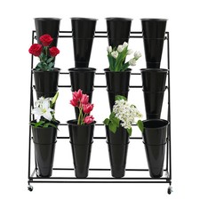 3layers Flower Display Stand With 12xbuckets Metal Plant Stand With Wheels Black