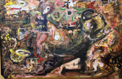 Vintage Mid Century 1950s Abstract Painting Man Woman dancing Clowns? Mardi Gra?