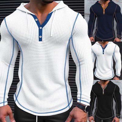 Men Long Sleeve Hooded Tee Waffle Sport Gym Fitness Muscle Slim Fit Tops S