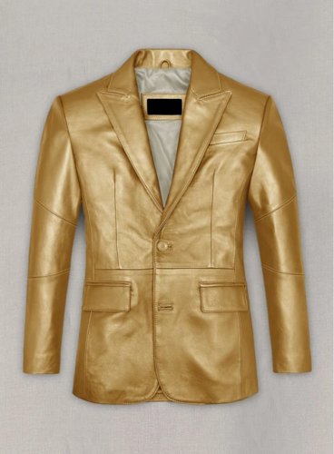 Men Slim Fit Gold Lambskin Leather Blazer Classic Coat Jacket