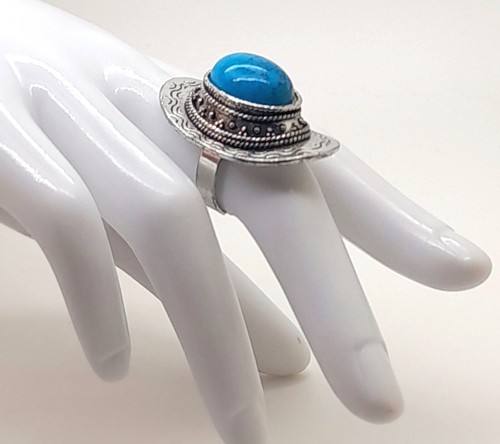R001 Vintage retro ethnic chunky Turquoise oval shape Adjustable fashion Ring - Picture 3 of 6