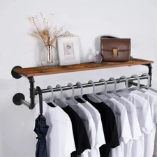Clothes Rack w/ Top Shelf Industrial Pipe Wall Mounted Garment Rack Hanging Rail