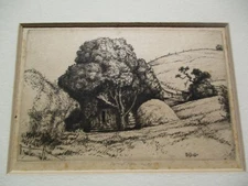 ANTIQUE ETCHING SMALL GEM MYSTERY SIGNED LANDSCAPE ROLLING HILLS OLD HOME 
