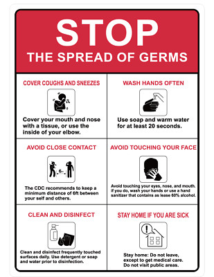 STOP THE SPREAD OF GERMS, COVER COUGH AND SNEEZES | Adhesive Vinyl Sign Decal