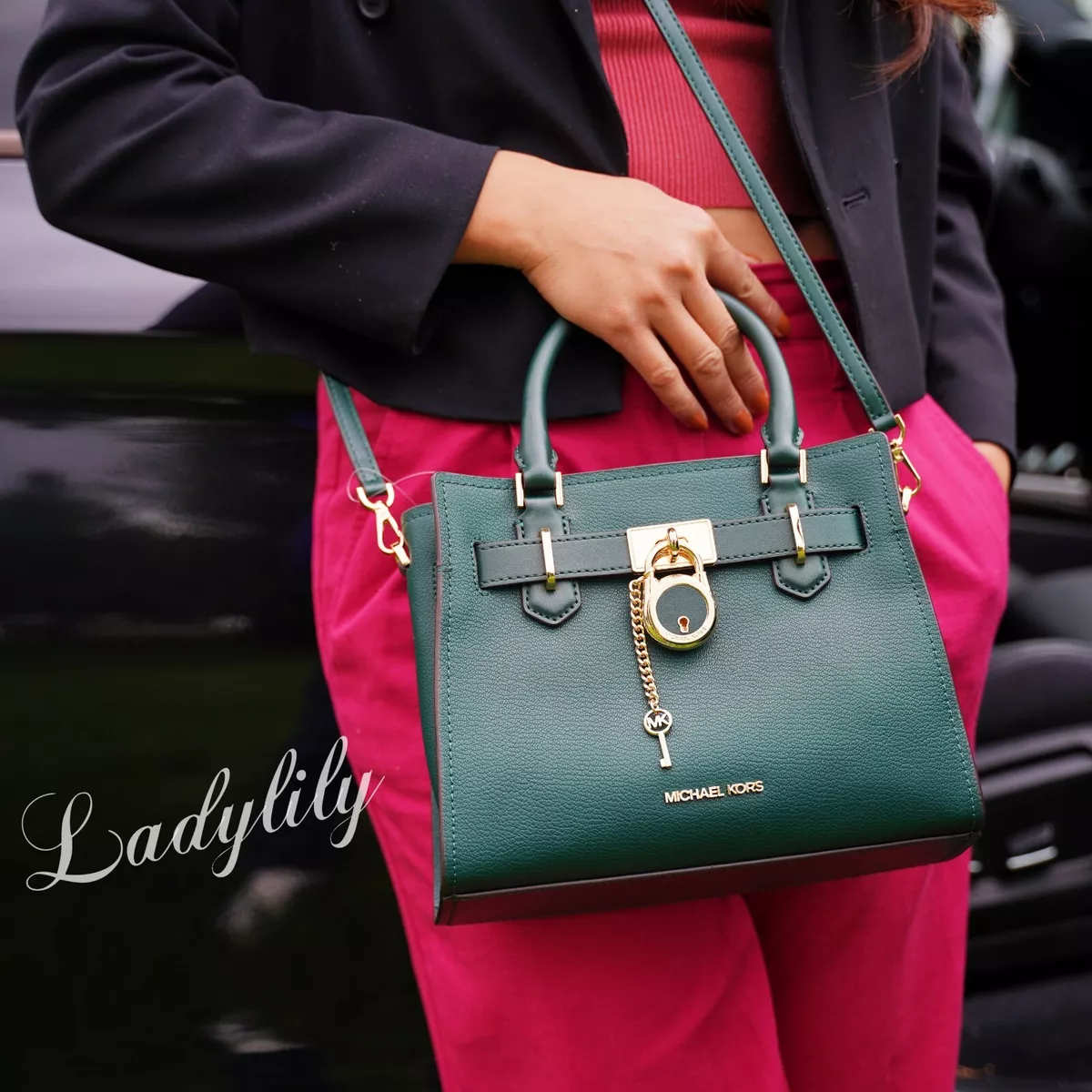 NWT Michael Kors Hamilton Small Satchel Crossbody Handbag Jewel Green Leather