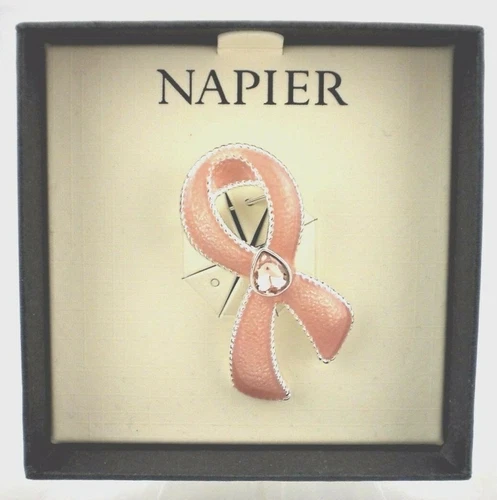 Napier Pink Breast Cancer Ribbon Brooch Pin w Gift Box NEW Enamel Center Jewel