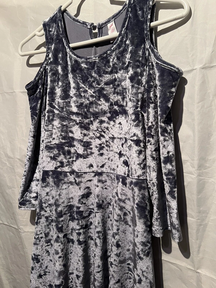 Justice Dress Cold Shoulder Velour Blue Gray Long Sleeve Stretch Sz 16 Girls EUC - Image 2 of 4