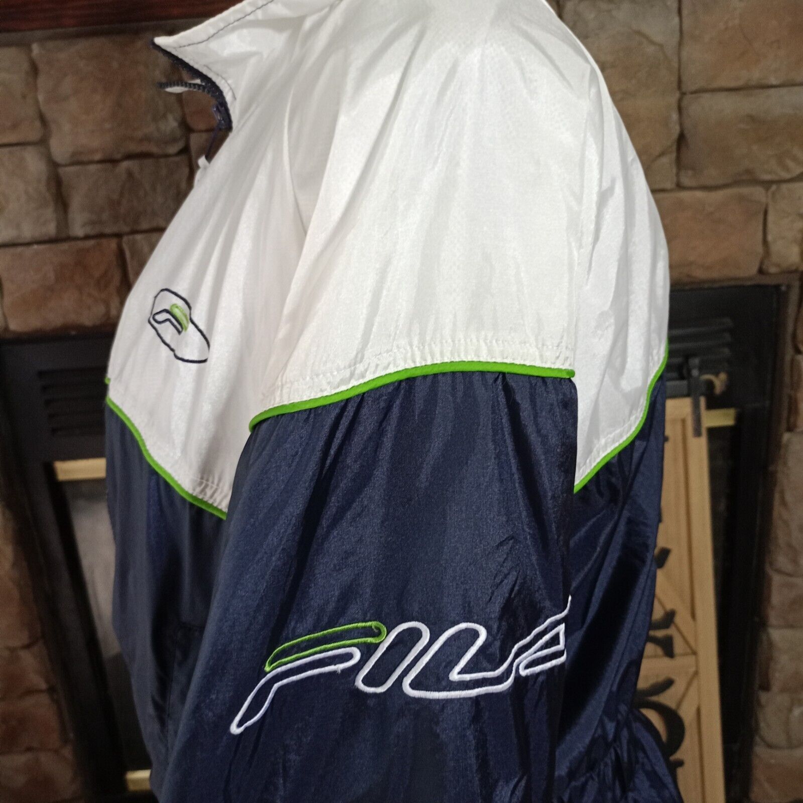 Giacca nylon FILA vintage anni 90 donna bianco blu cinch vita taglia XL