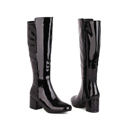 Womens Heels Shoes Round Toe Casual Block Heel Patent Leather Knee High Boots - Picture 10 of 15