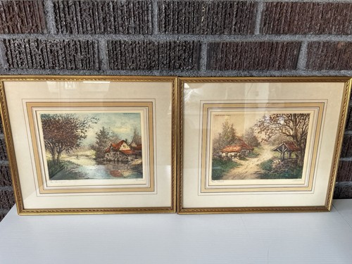 Pair Antique Camilla Lucas Hand Colored Etchings 1937 Signed Pierre French Art