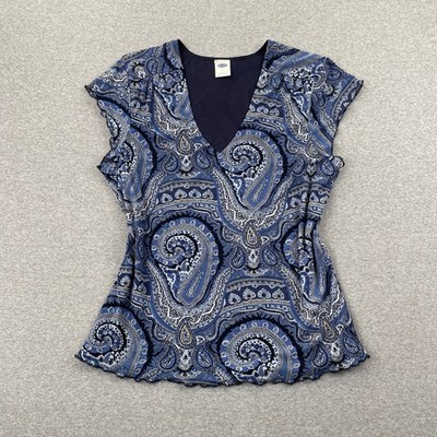 Y2K Vintage Old Navy Top Womens XL Blue Paisley Mesh VNeck Fairy Boho Grunge 90s