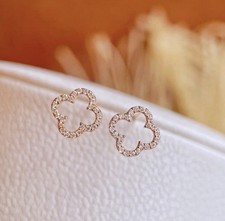 Dainty Four Leaf Clover Stud Earrings, Silver Plated CZ Lucky Flower Jewelry