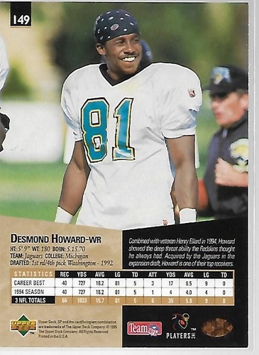 1995 Upper Deck, #149, Desmond Howard, Jaguars - Picture 2 of 2