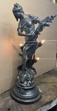 FIGURAL BRONZE LADY NEWEL POST LIGHT, SIGNED MOREAU