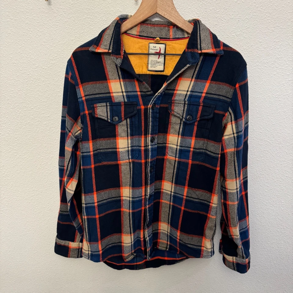 Camisa de franela de sarga cepillada Relwen para hombre mediana escocesa tartán azul naranja pesada Foto 2 de 4