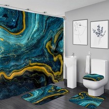 Blue Gold Abstract Marble Bathroom Set - Shower Curtain, Mats, Lid Cover