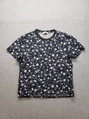 Sandro Men T Shirt 1 XS Black White Floral Print Short Sleeve Crew Neck Casual T