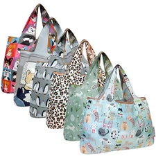 Large Foldable Tote Nylon Reusable Grocery Bags, 6 Pack, Pet Parade