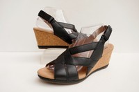 CLARKS HELIO CORAL BLACK LEATHER CUSHION SOFT PLATFORM WEDGE SANDALS UK 7.5D