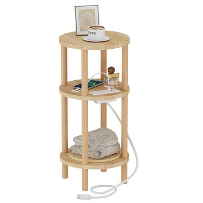 Small Round Side Table Charging Station 3Tier Solid Wood End Table Natural