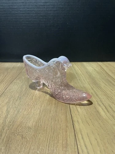 Rare Color Vtg Fenton Cat Head Shoe Opalescent Pink Rose 5 1/2" Slipper Figurine