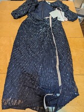 Mac Duggal Navy Sequin Deep V Neck Short Puff Sleeve Structured Midi Dress Sz 12