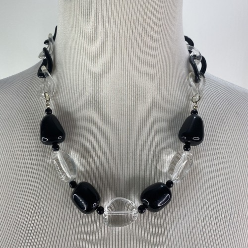 Necklace and stretch Bracelet Set Black Clear chain beads adjustable 80's 90's - Picture 3 of 11