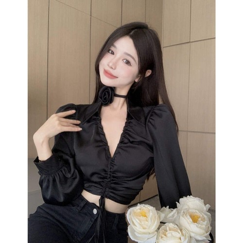 Sweet Sexy V-neck Drawstring Shirt Women's Long Sleeves Autumn Chic Tops Trendy - Picture 2 of 19
