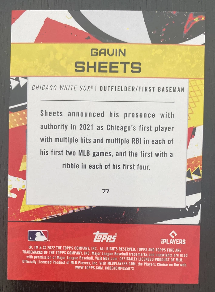 2022 Gavin Sheets Topps Fire Flame Red RC Rookie Card Chicago White Sox #77 - Image 2 of 2