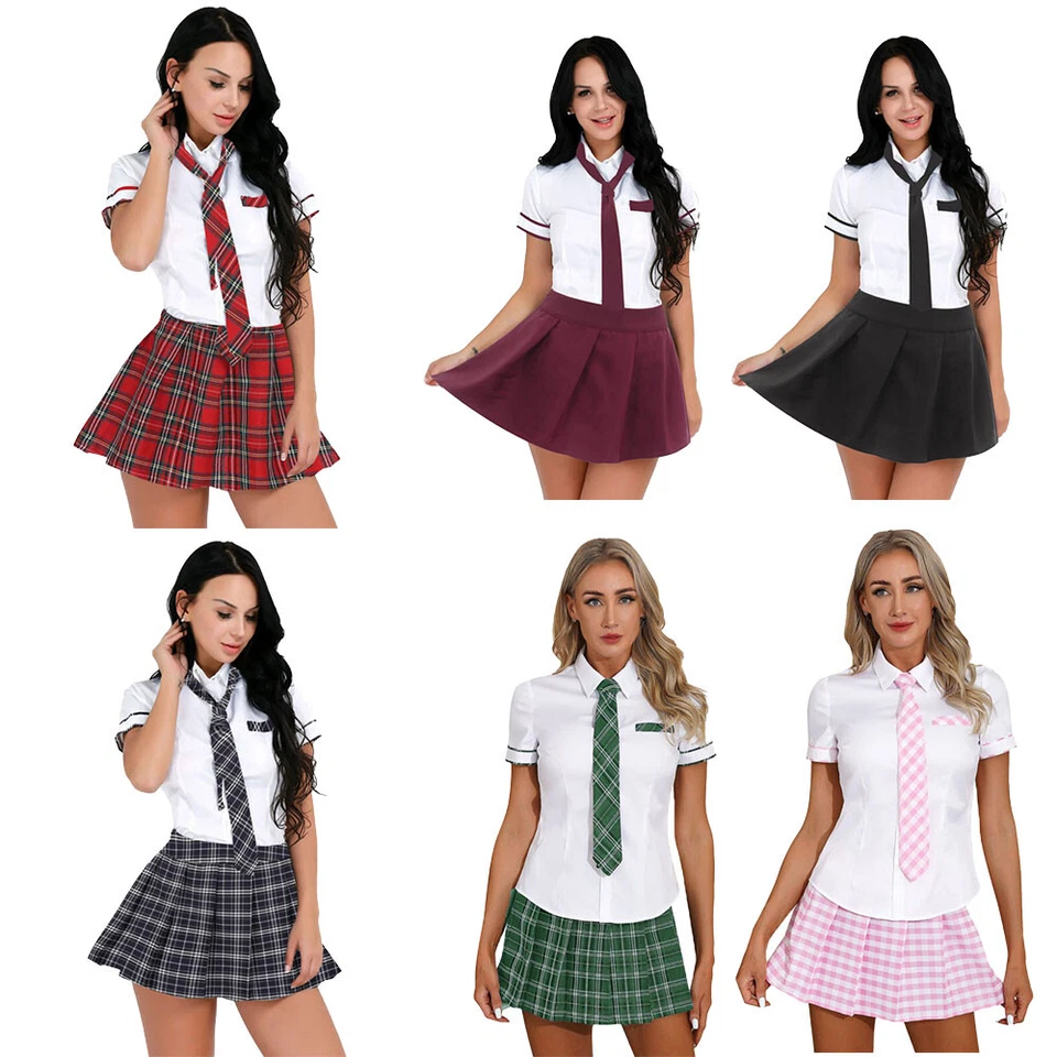 Mujeres Colegiala Manga Corta Camisa Trajes Falda a Cuadros Conjunto de Corbata Uniforme Escolar Foto 2 de 3