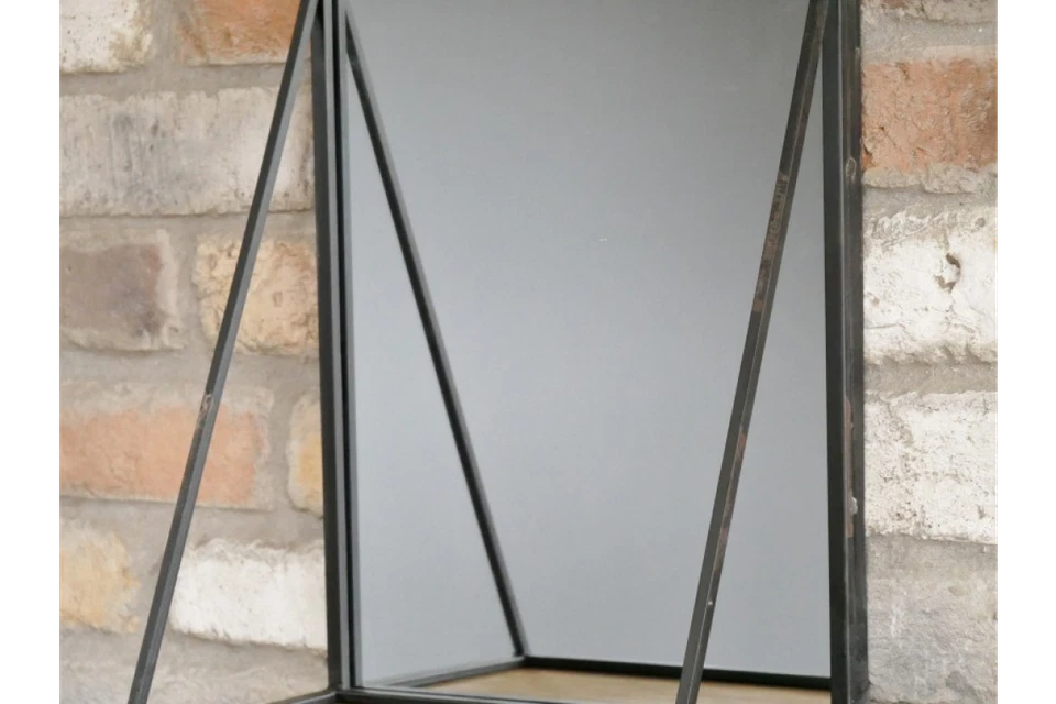 Industrial Metal Mirror With Wooden Shelf Wall Mounted Rustic Vintage Storage - Image 4 of 4