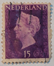 Netherlands Postage ~ Queen Wilheimina ~ Purple 15₵ Stamp ~ Used/Posted ~1947