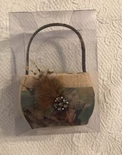Lillian Rose-Camouflage & Burlap-Flower Girl Basket-Feathers & Brooch On Front