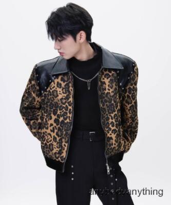 Vintage Color Contrast Leopard Print Jacket Mens Rivets Zipper
