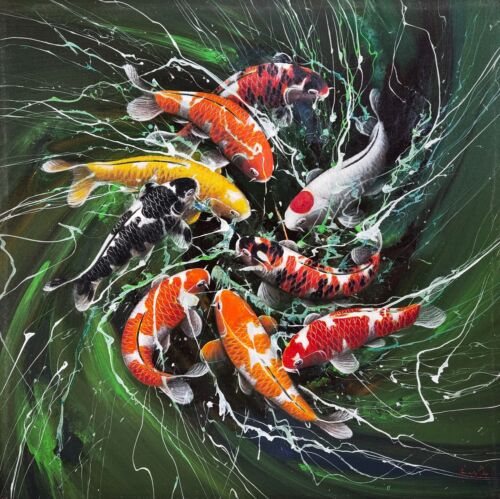 Peinture étang à poissons Koi aquarium poisson rouge original sur toile beaux-arts japonais - Photo 1 sur 9