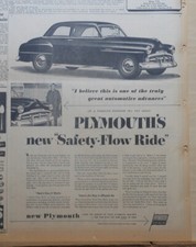 1951 newspaper ad for Plymouth - About Safety-Flow Ride by Plymouth engineer