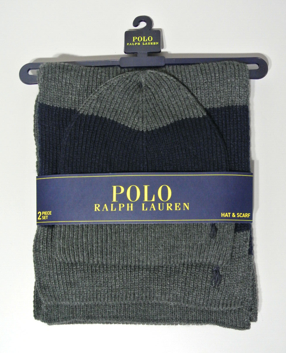 Set cappello e sciarpa Polo Ralph Lauren PONY maglia a costine blu navy grigio nuovi con etichette set 2 pezzi