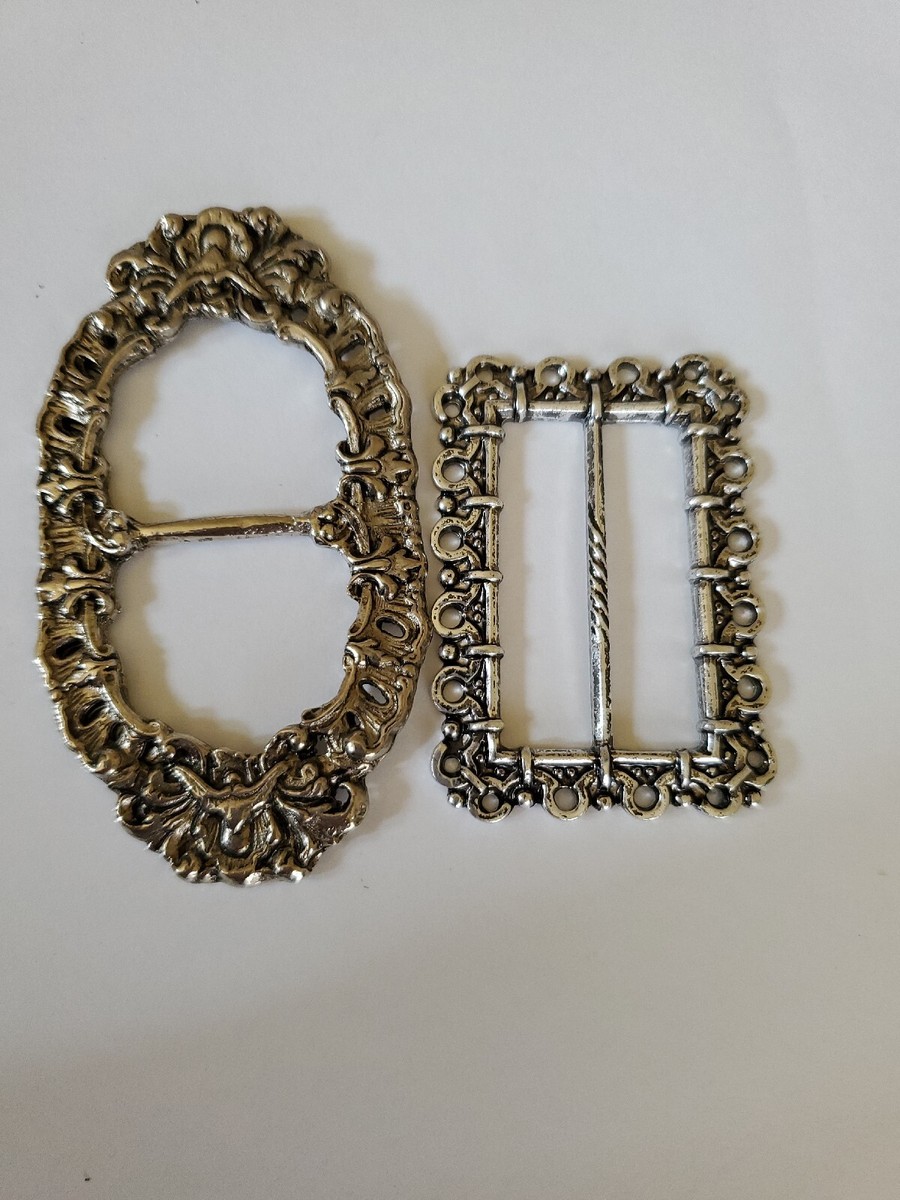 Vintage Art Nouveau Ornate Silvertone 2 Metal Belt Buckles  display picture 3