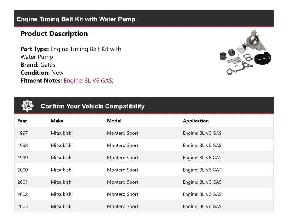 For 1997-2003 Mitsubishi Montero Sport Timing Belt Kit with Water Pump Gates - Image 2 of 4