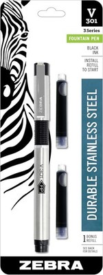 V-301 Fountain Pen, Stainless-Steel Barrel, Fine Point, 0.7mm, Black Ink, 1-Pack