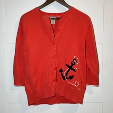 L.L. Bean Womens L Reg Coral Cardigan Sweater Button Cotton Anchor Coastal
