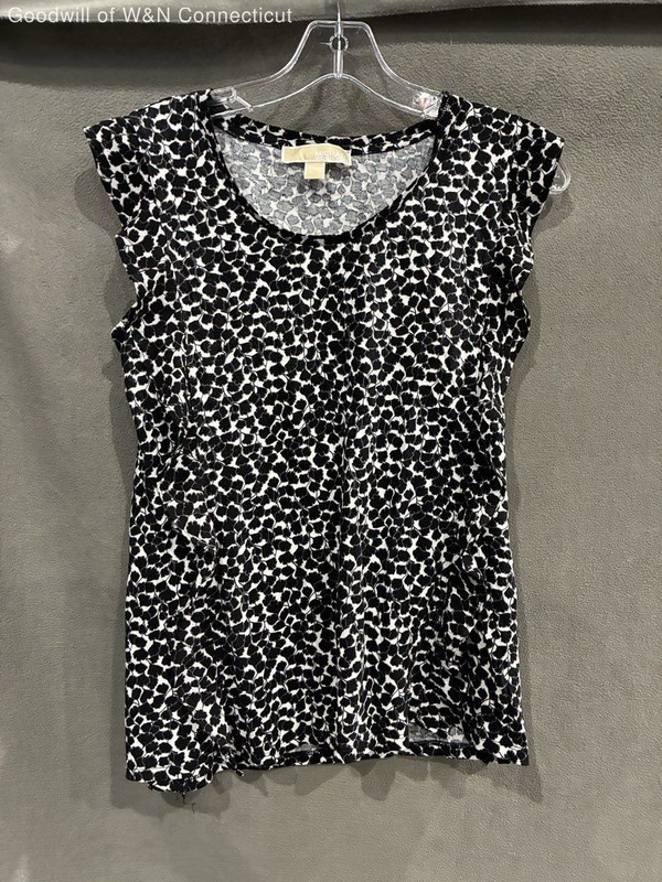 Michael Kors Women's Black White Floral Ruffled Side Short Sleeve Top Sz S