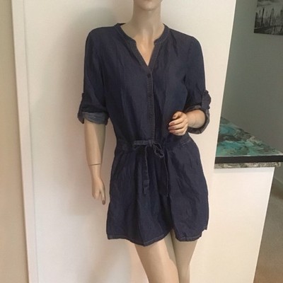 Nieman Marcus Denim Chambray Deep Blue Shorts Roll Sleeve Romper Jumpsuit M