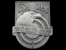 KC31148 VINTAGE 1991 USA SHOOTING TEAM WORLD CUP PEWTER BELT BUCKLE