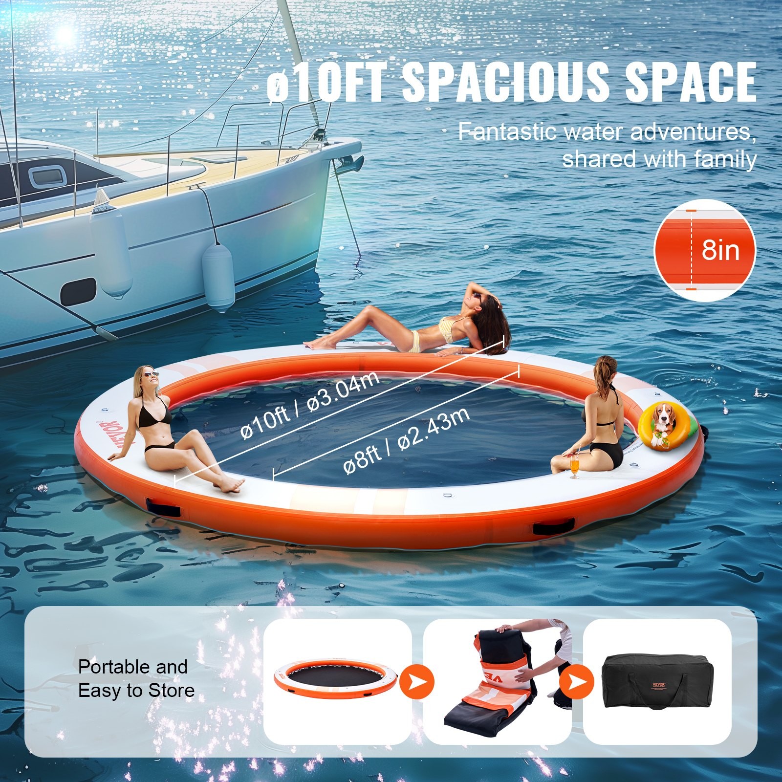 Inflatable Floating Dock, ø10FT Inflatable Dock Platform with ø8FT Trampoline Me