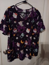 Halloween Hello Kitty Ghost Zombie Witch Cat Skull V-Neck Scrub Top 2XL