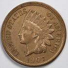 1907 Indian Head Penny Cent Almost Uncirculated (AU) (Cleaned)